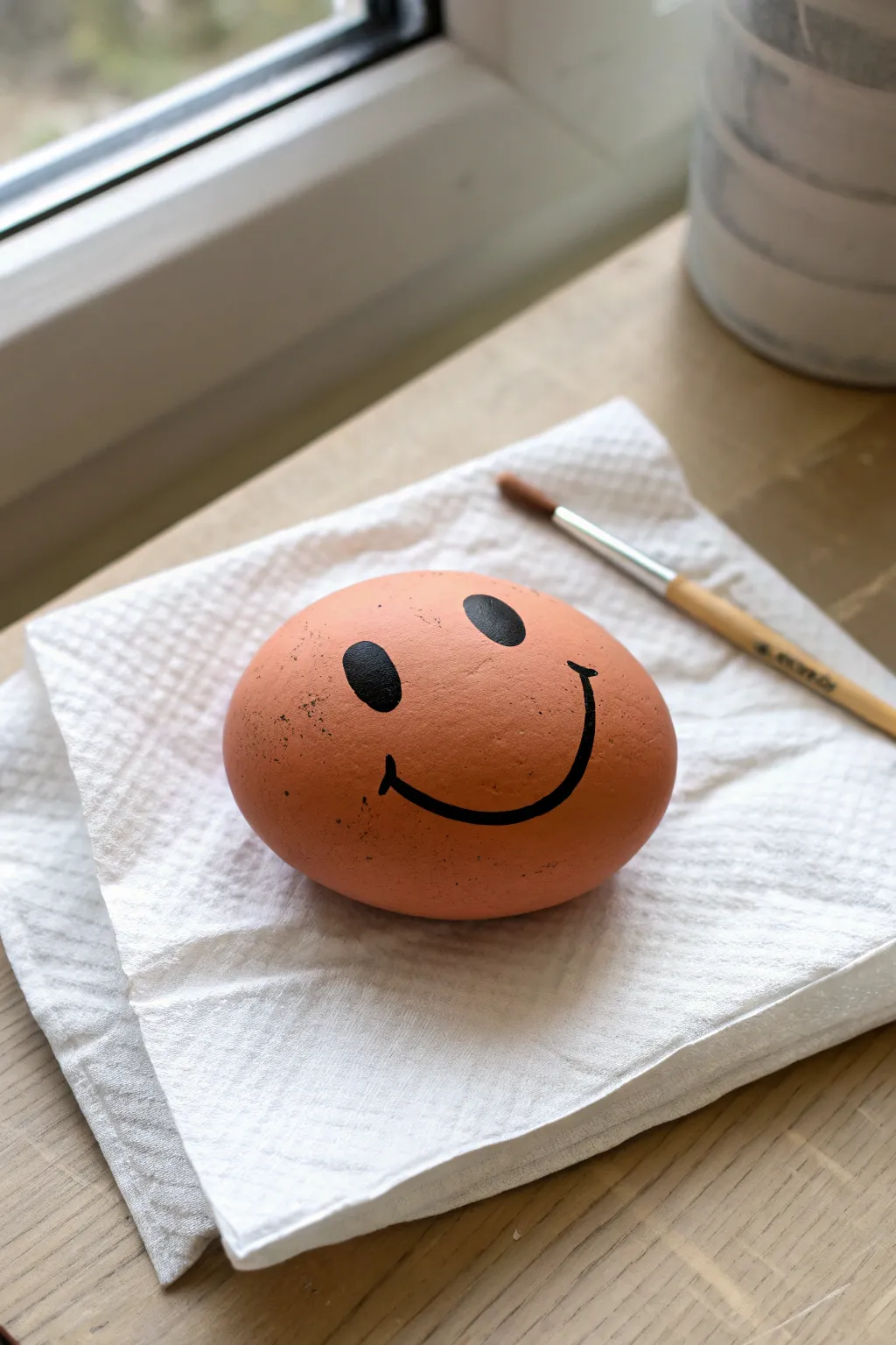 Classic smiley pet rock in soft Nordic light, minimal DIY joy with a gentle boho touch