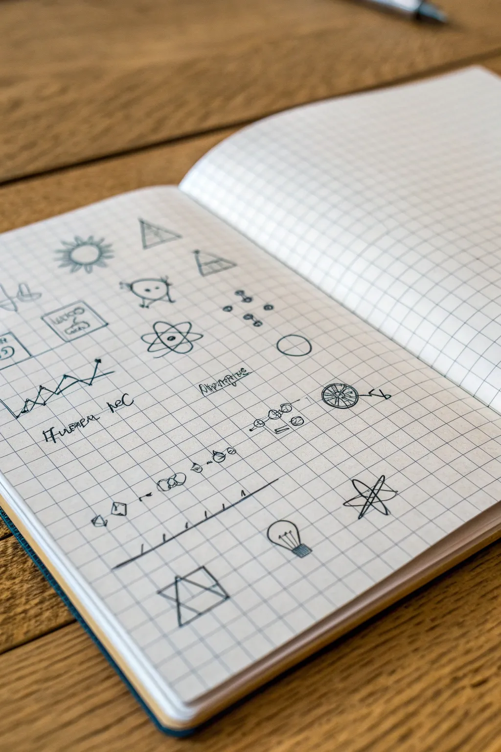 Soft grid-paper physics doodles in a clean minimalist notebook layout, calm and creative