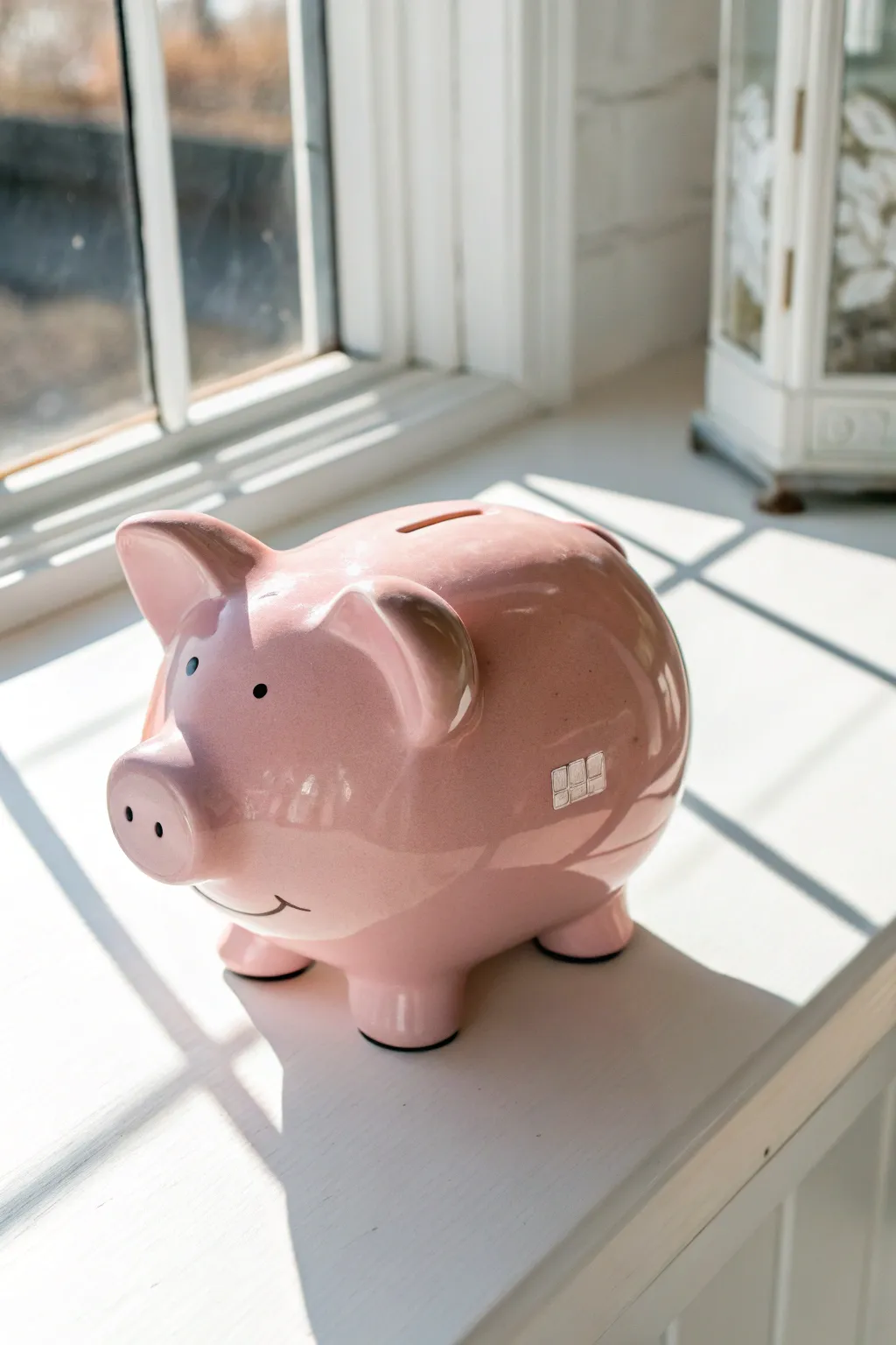 Blush pink glossy piggy bank with clean highlights and a tiny inset of the curly tail