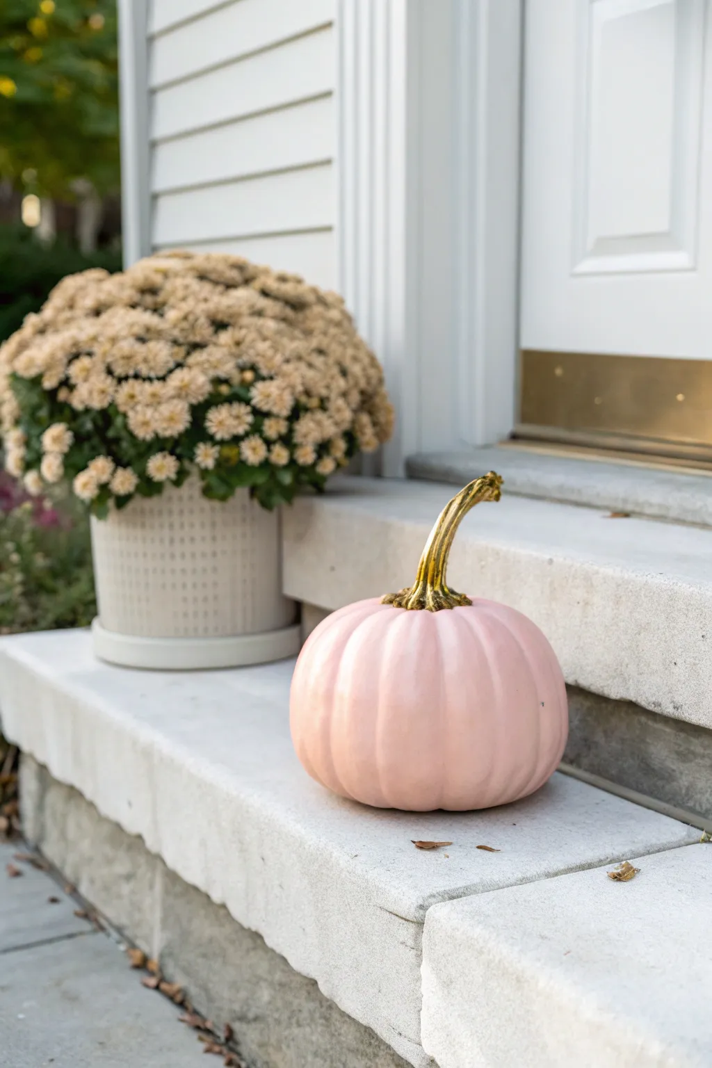 Classic blush pink pumpkin with a gleaming gold stem for a minimalist, elegant fall porch.