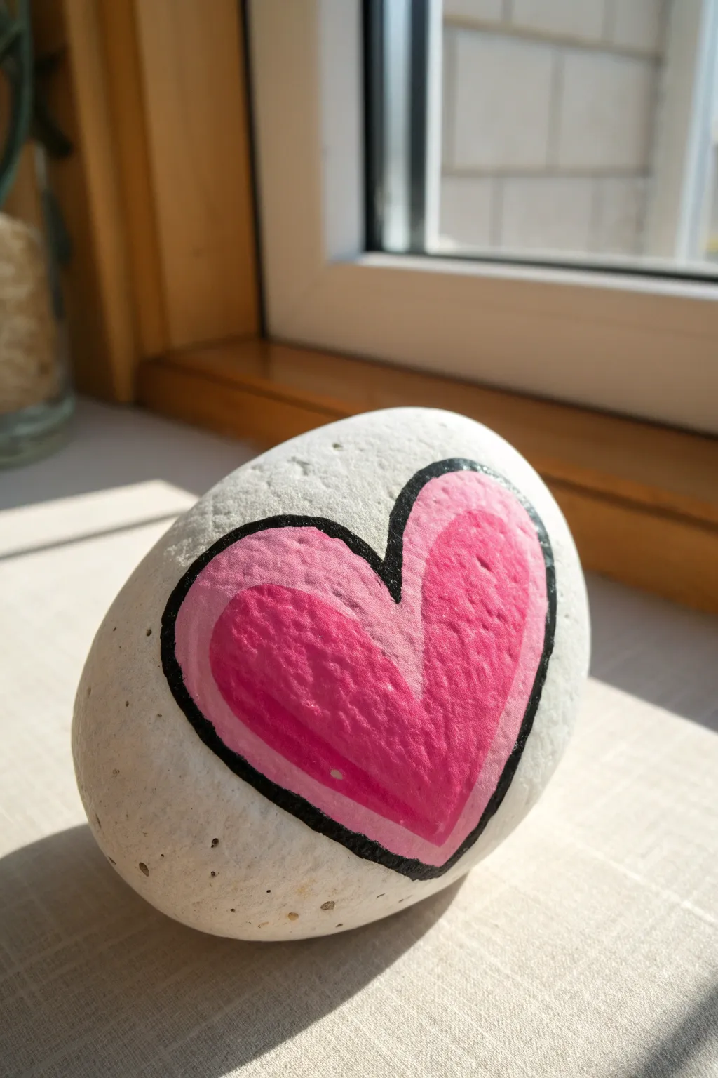 Create a calm Pink Ombre Heart Rock with a crisp black outline for sweet minimalist boho decor.