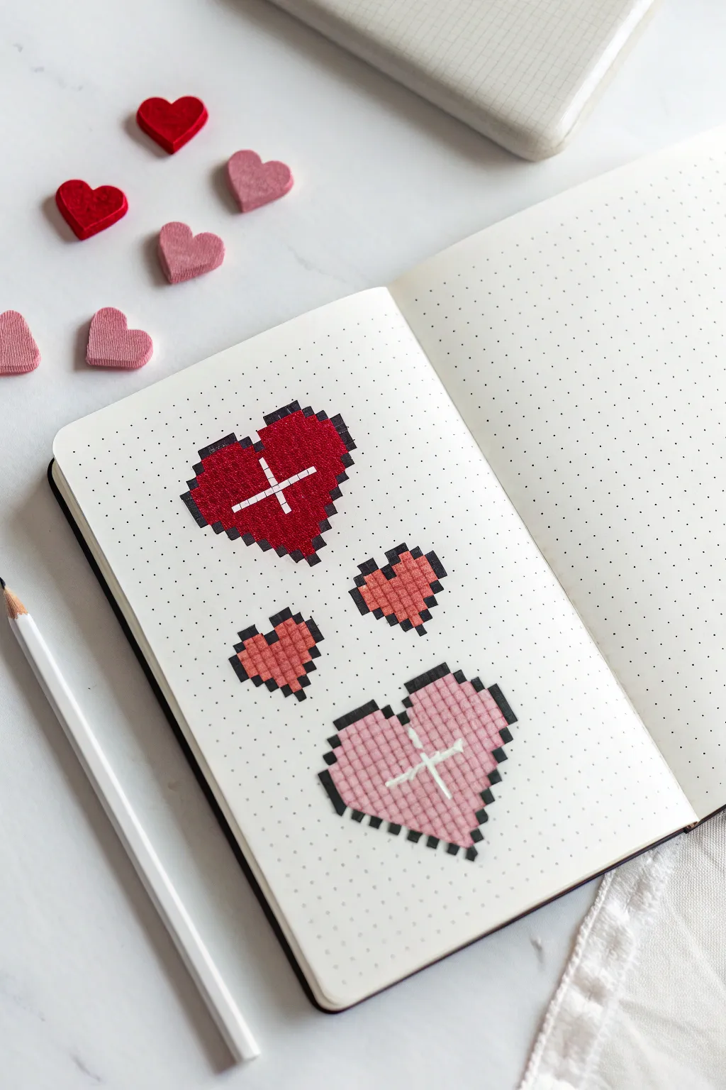 Classic pixel heart icons on a clean grid page, minimalist palette with cozy Scandinavian boho vibes