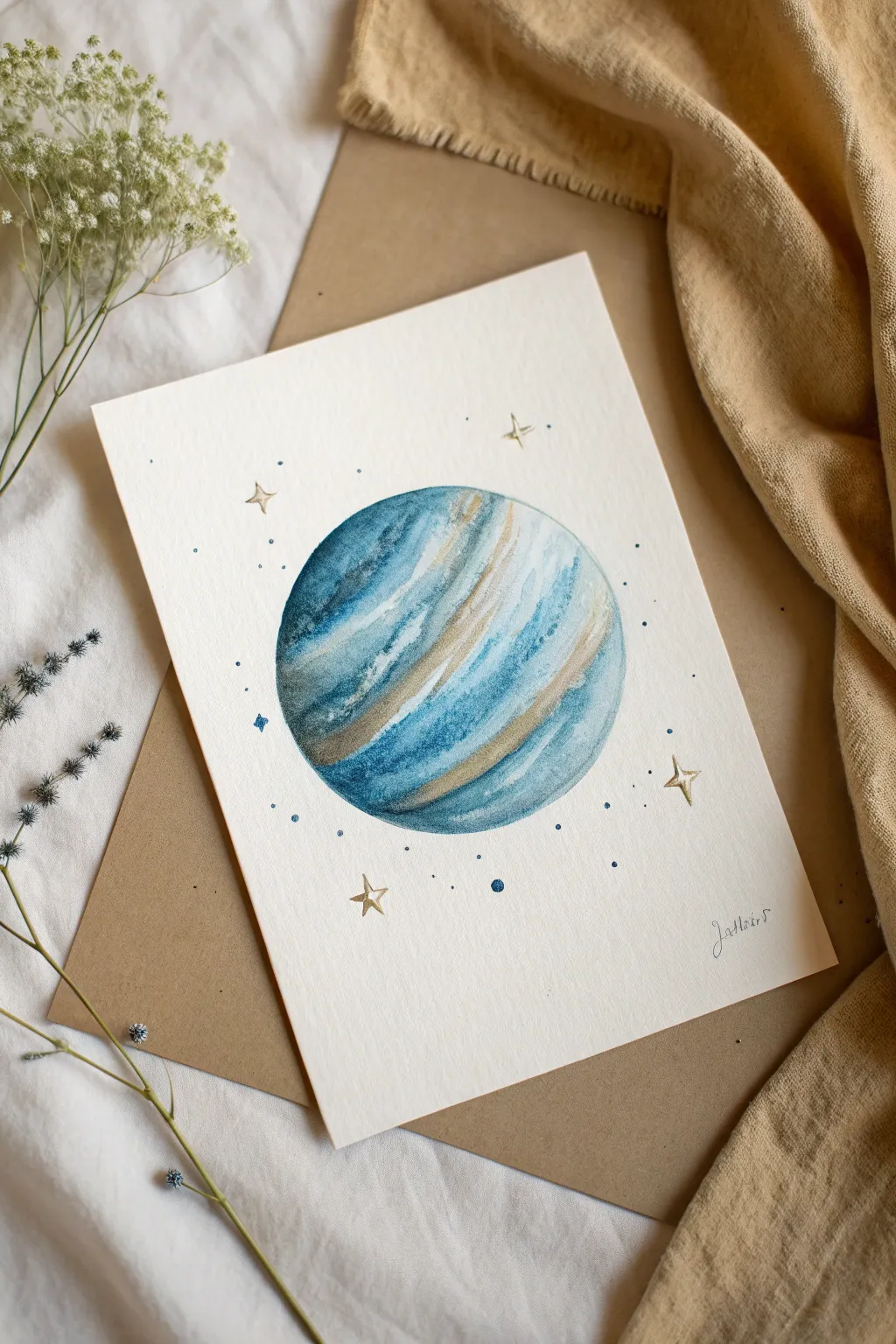 Classic shaded planet sphere with crisp highlight, soft terminator line, and minimalist stars