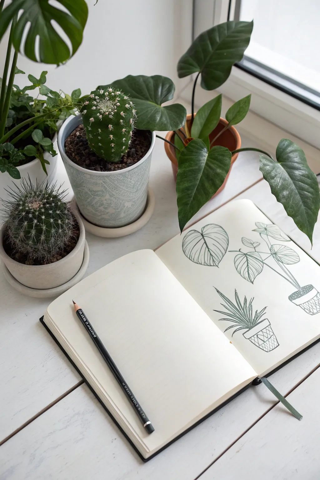 Classic potted plant sketches with airy white space for minimalist, boho drawing inspiration.
