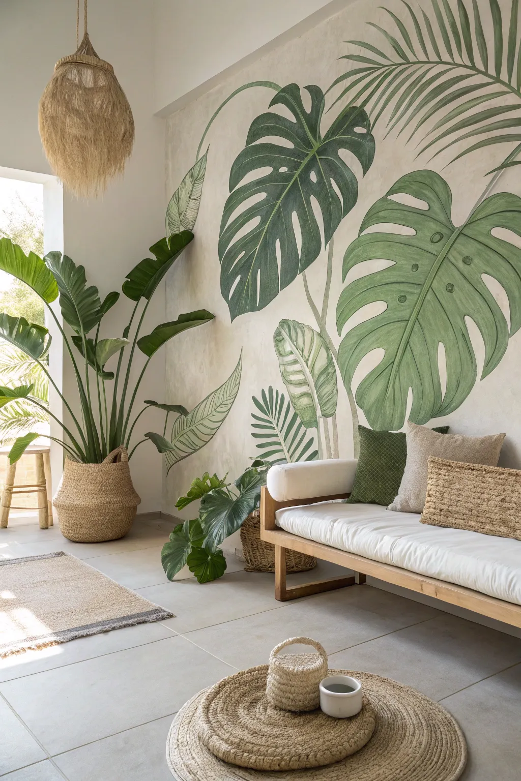 Oversized monstera and banana leaf mural creates a bright, airy tropical feature wall.
