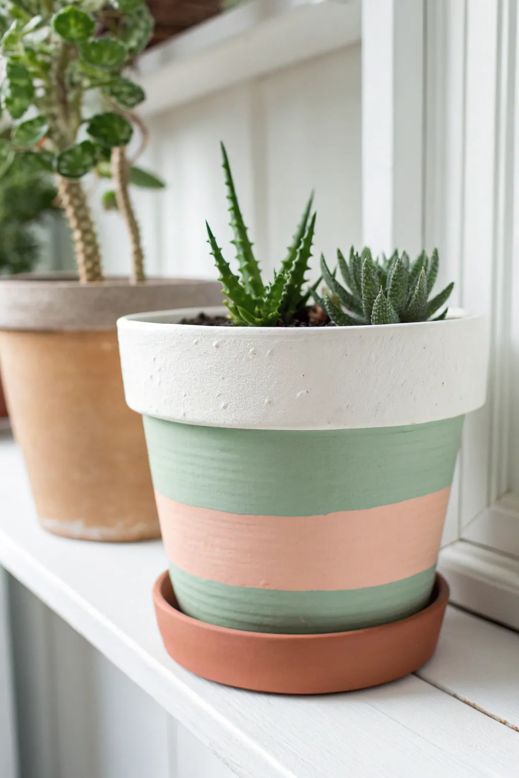 Crisp color-block bands on a terracotta pot for an easy, modern minimalist DIY look.