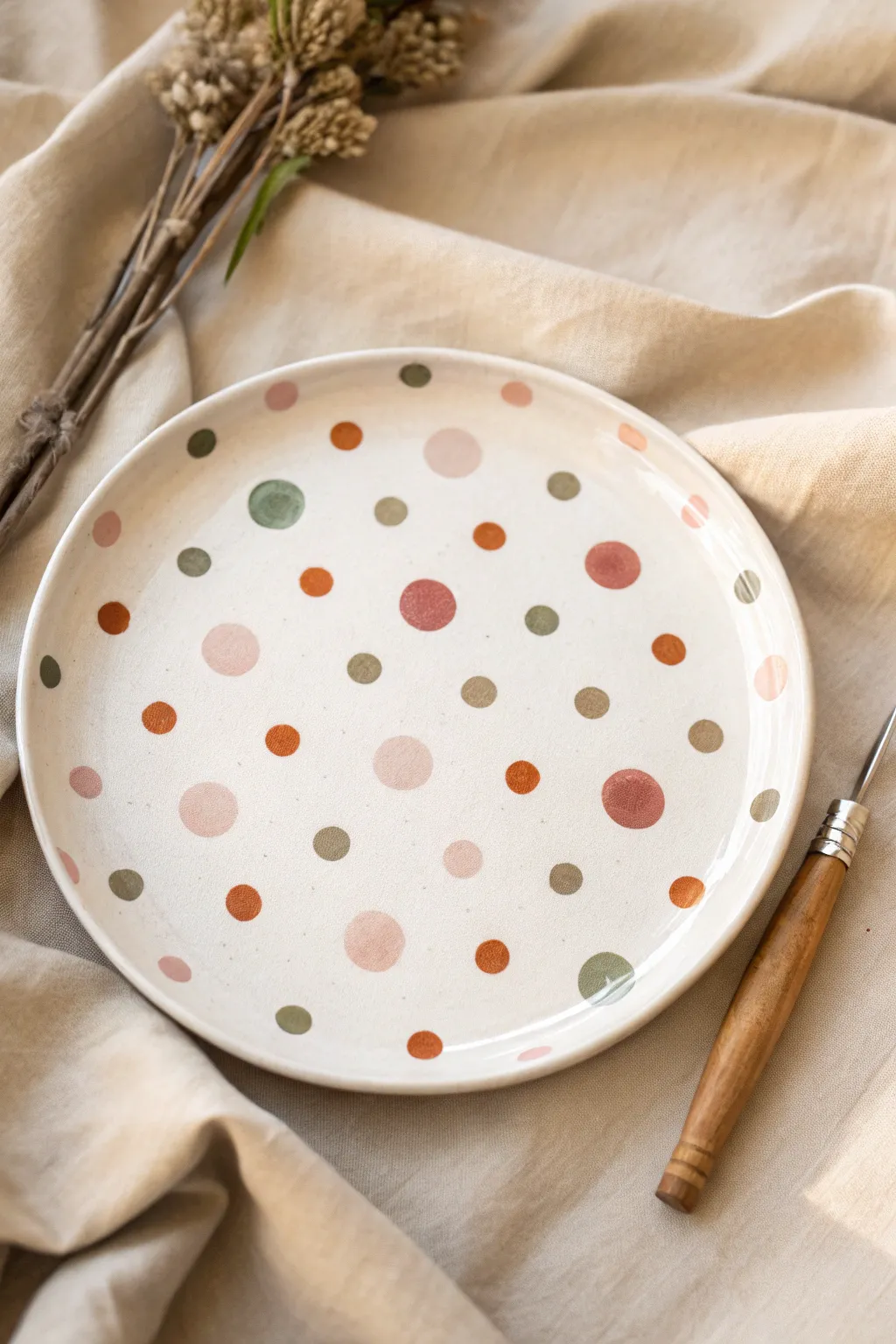 Classic polka dots in soft boho tones, a simple plate painting idea for beginners.