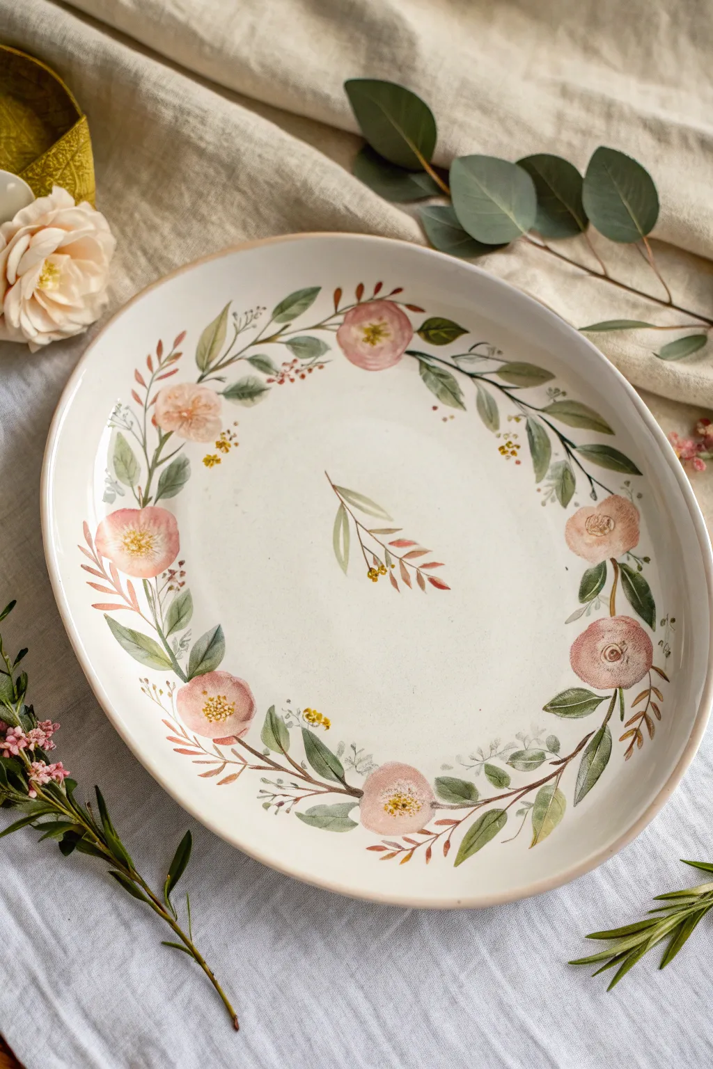 Classic floral rim wreath platter painting, minimalist Scandinavian style with a soft boho touch