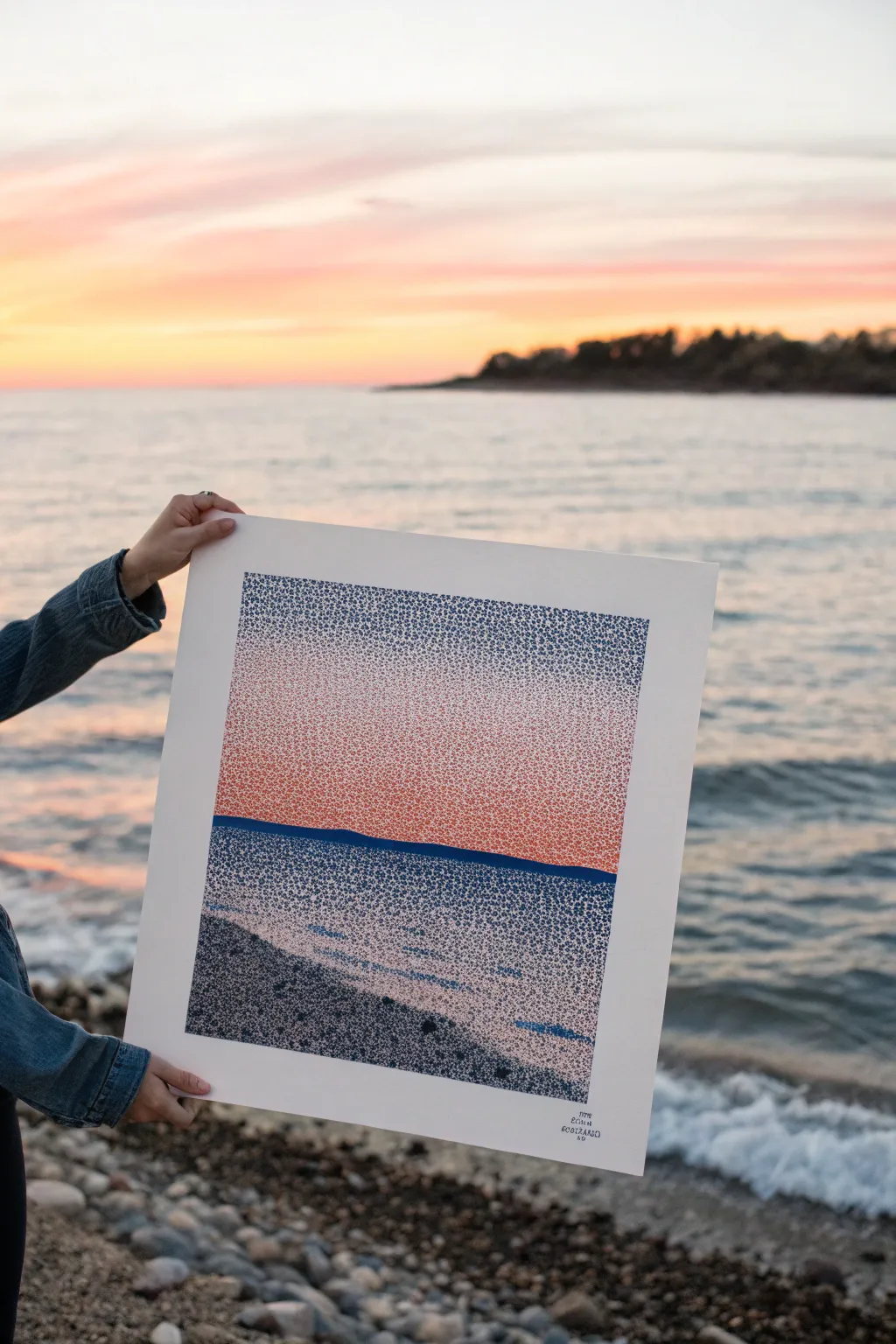 Simple pointillism sunset: bold horizon, warm pink-orange sky, deep blue water in dots