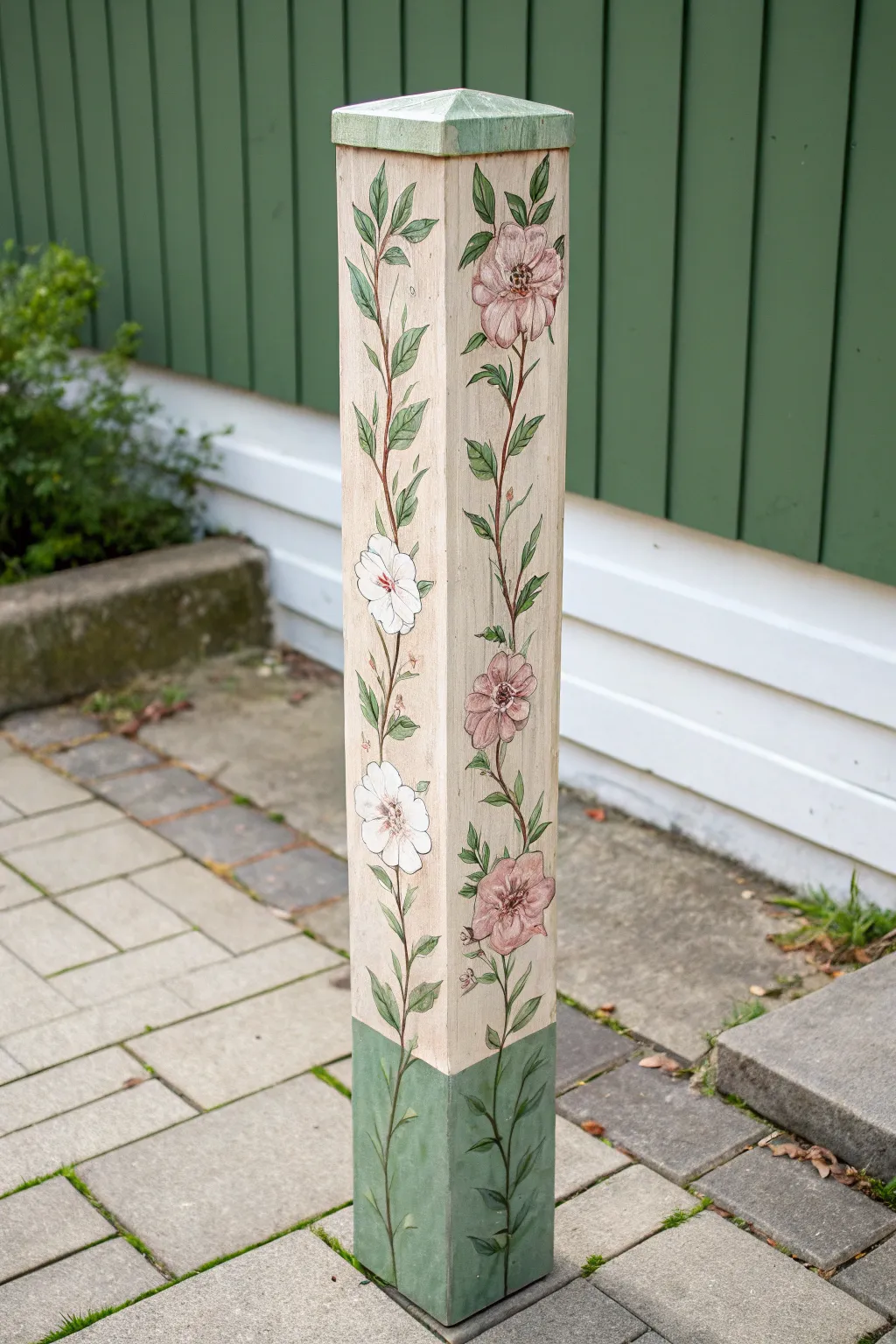 Wraparound floral vines turn a simple square pole into a soft, garden-ready statement piece.