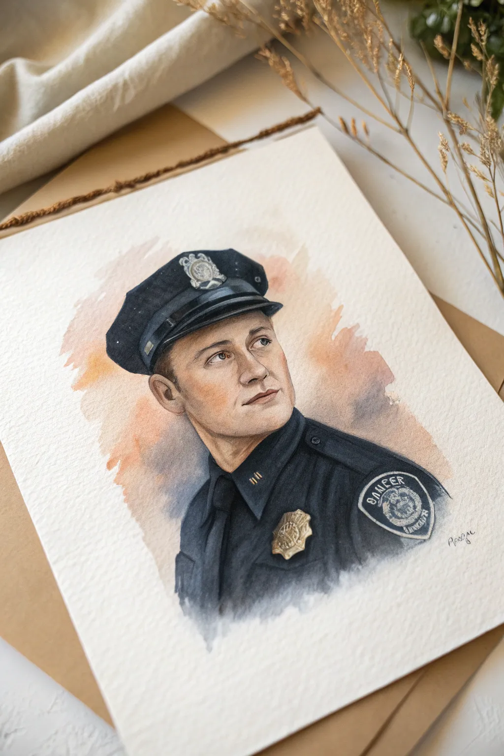 Classic police officer portrait study with soft background and a crisp badge focal point