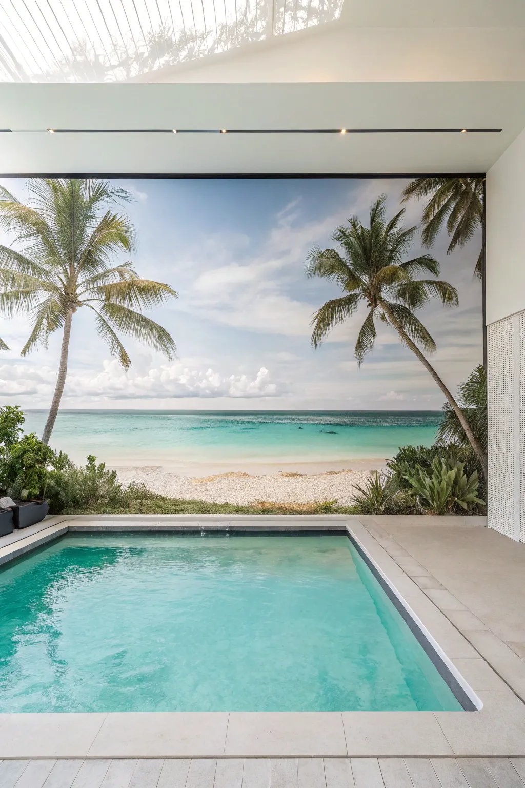 Airy beach-horizon pool mural in pale sand and turquoise for an instant vacation vibe.