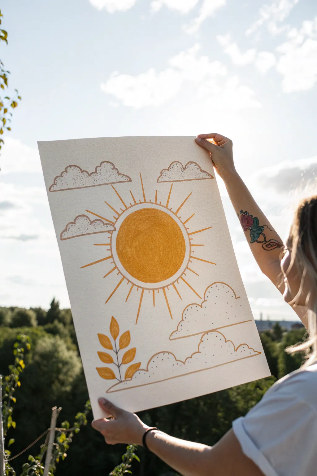 Warm sunshine over soft clouds in a clean Scandinavian style, a bright uplifting drawing idea.