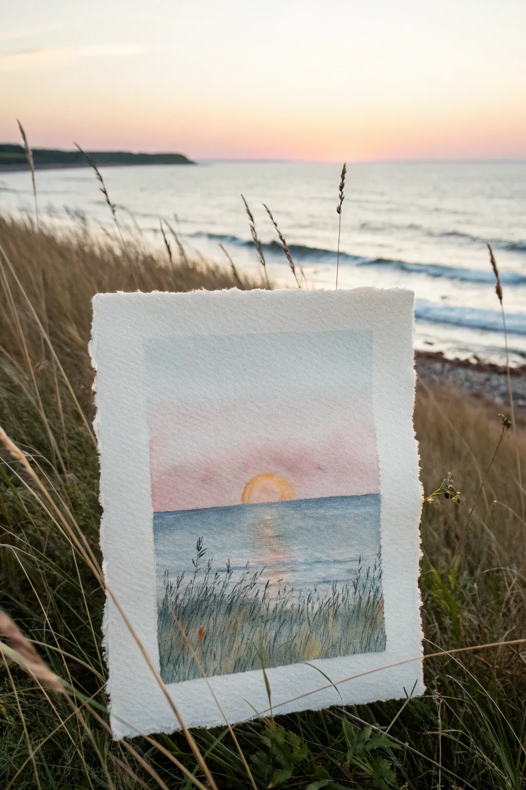 Paint a hopeful sunrise horizon with soft blush clouds and warm golden light today.
