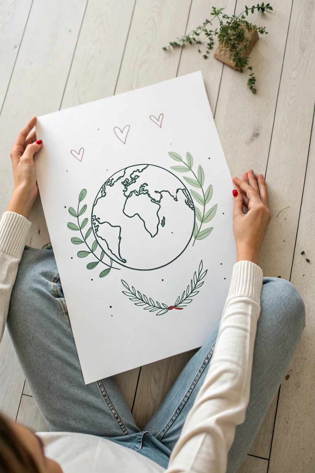 Minimal Save the Earth poster sketch: a globe in caring hands with leaves, hearts, and blank space.