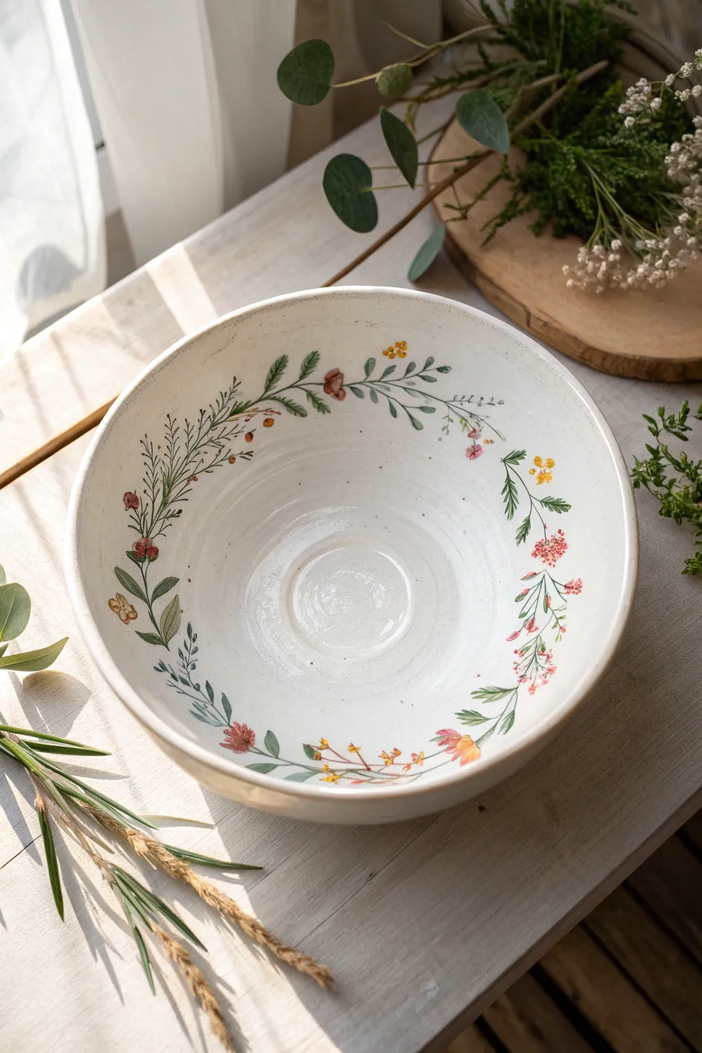 Minimalist white bowl with a hand-painted floral garland wreath, softly lit from above