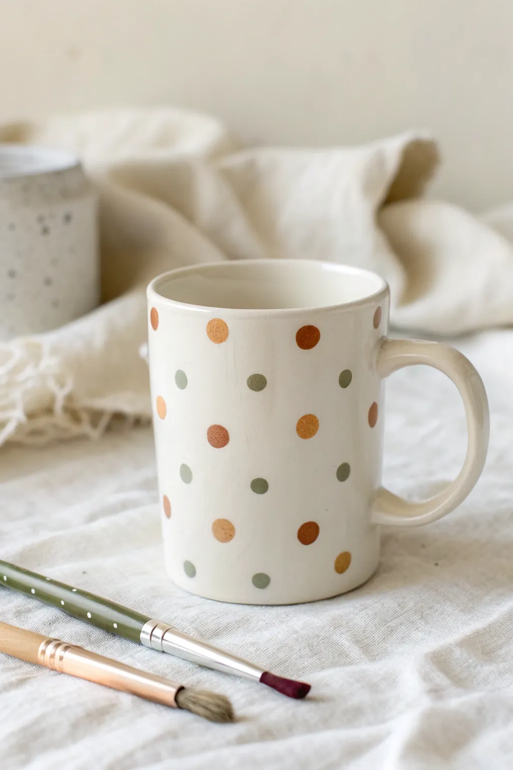 Playful polka dots on a handmade bisque mug, a simple pottery idea with boho charm.