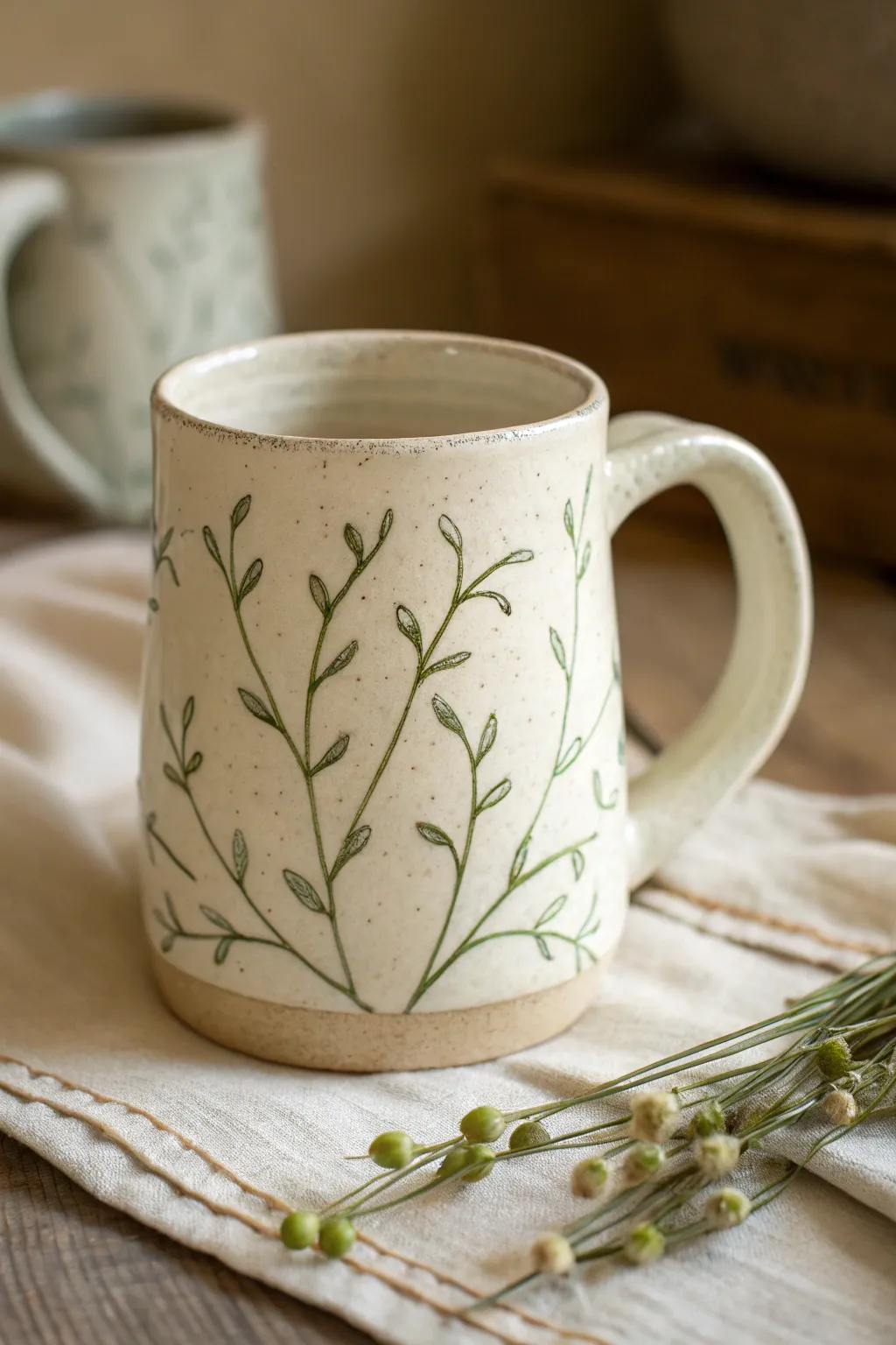 Classic wraparound vine mug design with fine leaf strokes and tiny buds, clean and elegant