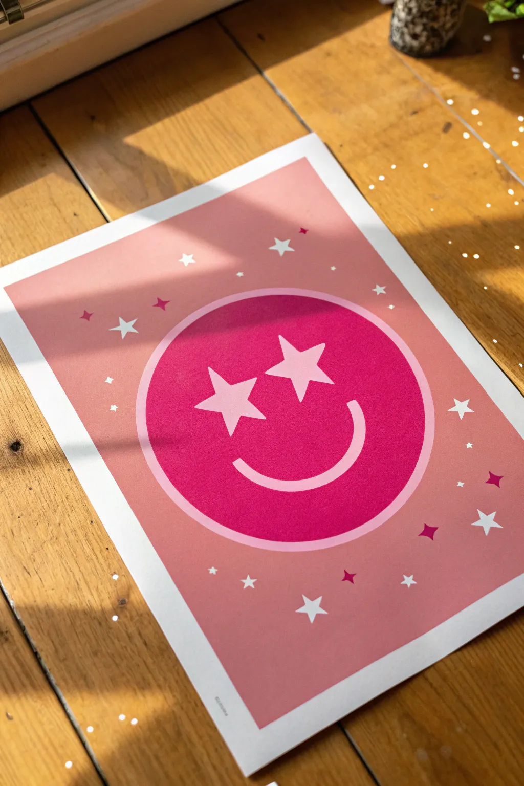 Bright pink starry-eyed smiley with tiny sparkles, crisp and minimal for a preppy pop.