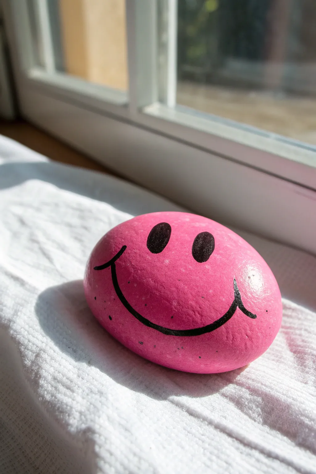 Classic preppy smiley rock in hot pink gloss, clean lines, minimalist boho vibe, easy to paint