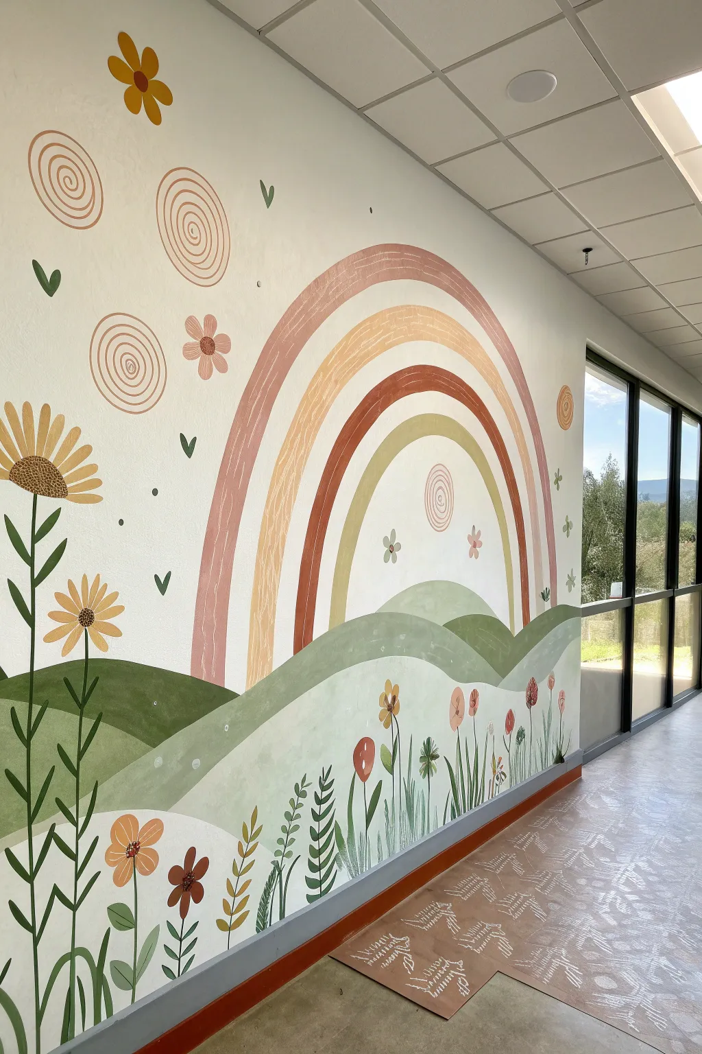 Minimalist rainbow mural over rolling green hills, sweet boho flowers and clean bold shapes.