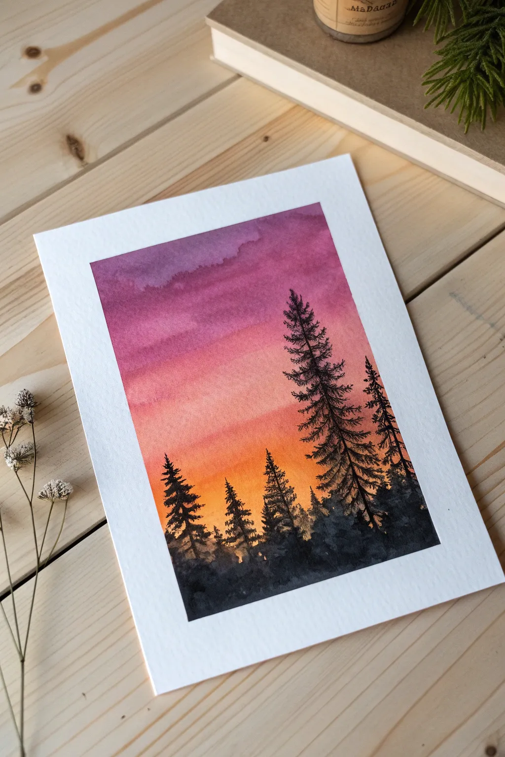 Minimalist sunset ombre painting with crisp tree silhouettes, pretty and easy to recreate