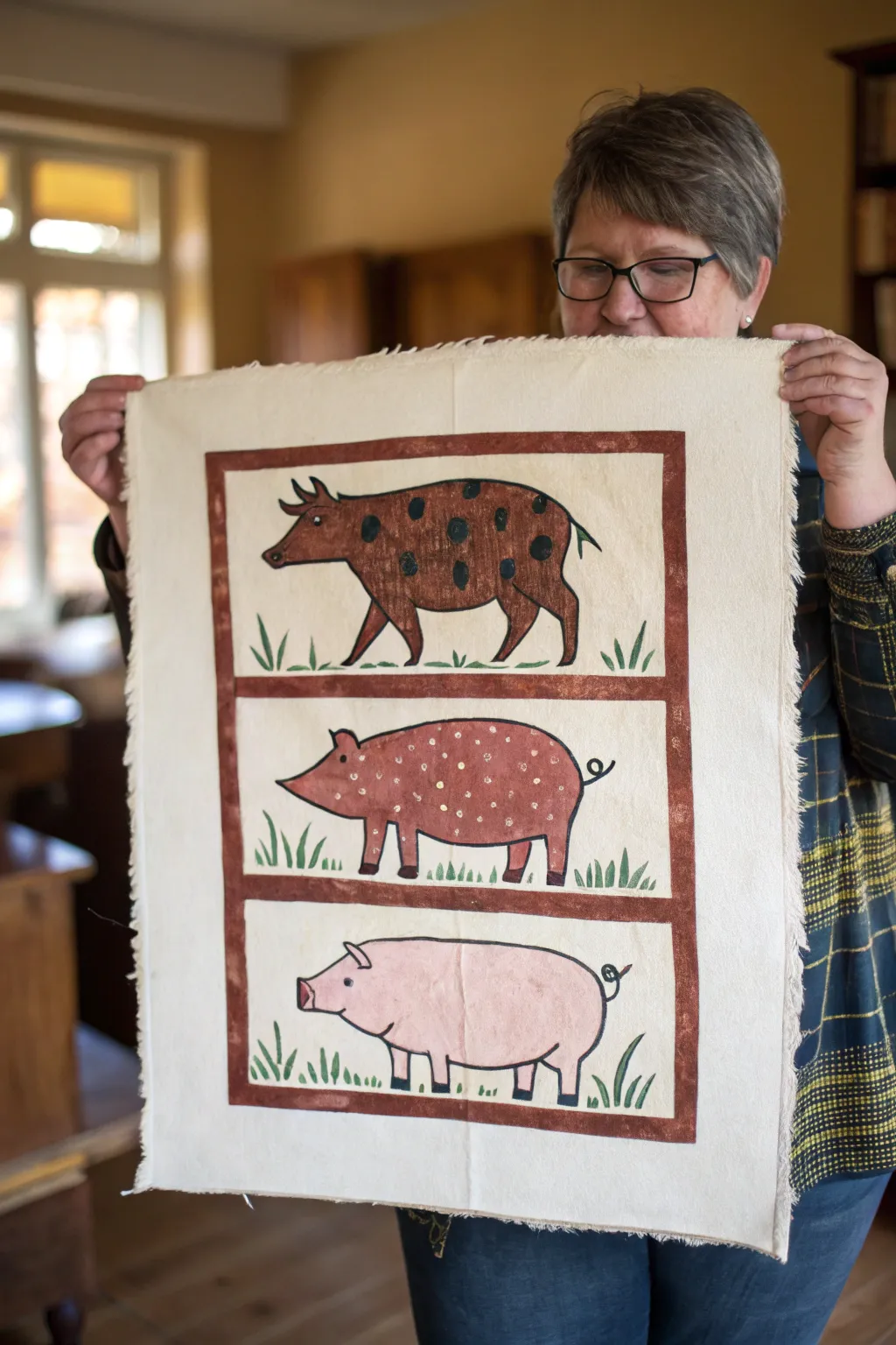 Big-shaped primitive barnyard animals in simple folk art blocks on a warm tan background