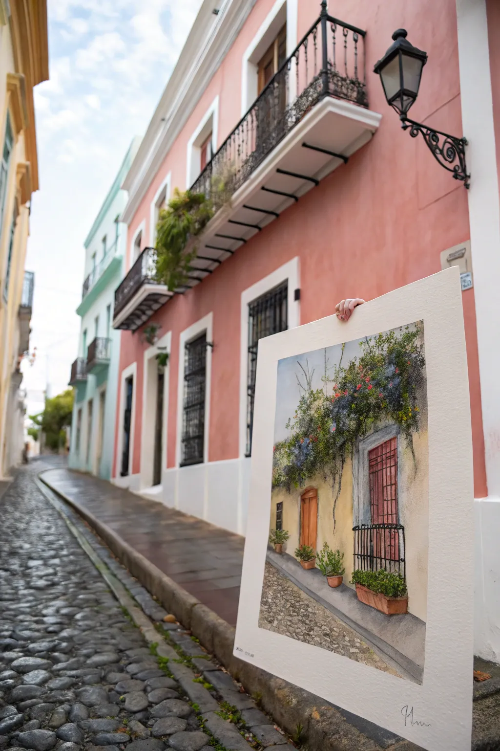 Old San Juan balcony watercolor: crisp ironwork, soft pastels, and a sliver of Caribbean sky