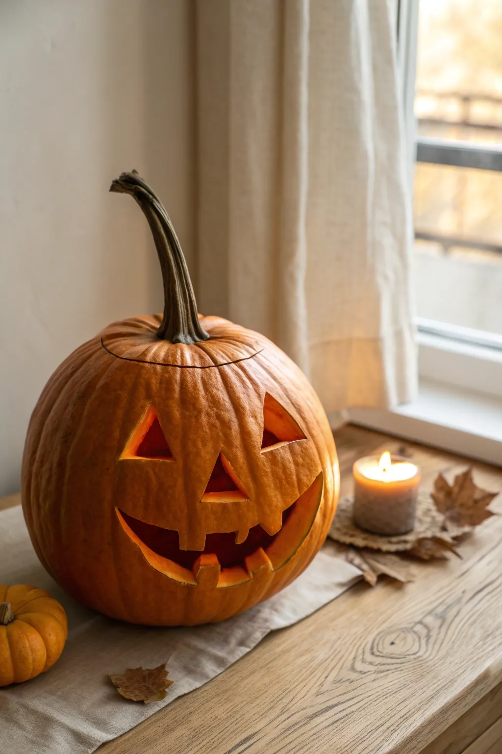 Classic jack-o-lantern with painted shadow shading for a deeper, dramatic candlelit look