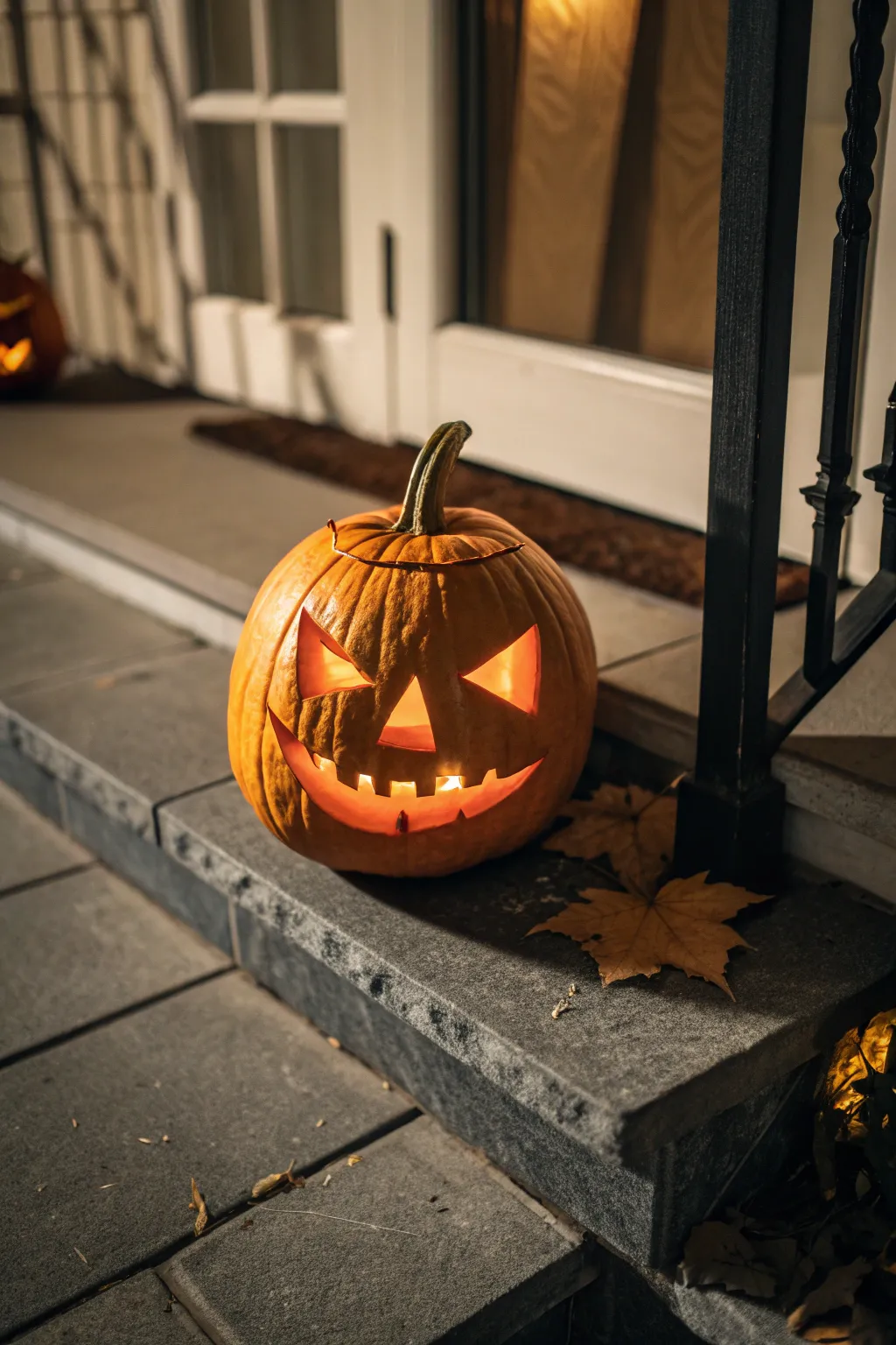 Classic scary jack-o-lantern glow with triangle eyes and jagged grin, timeless carving inspo.