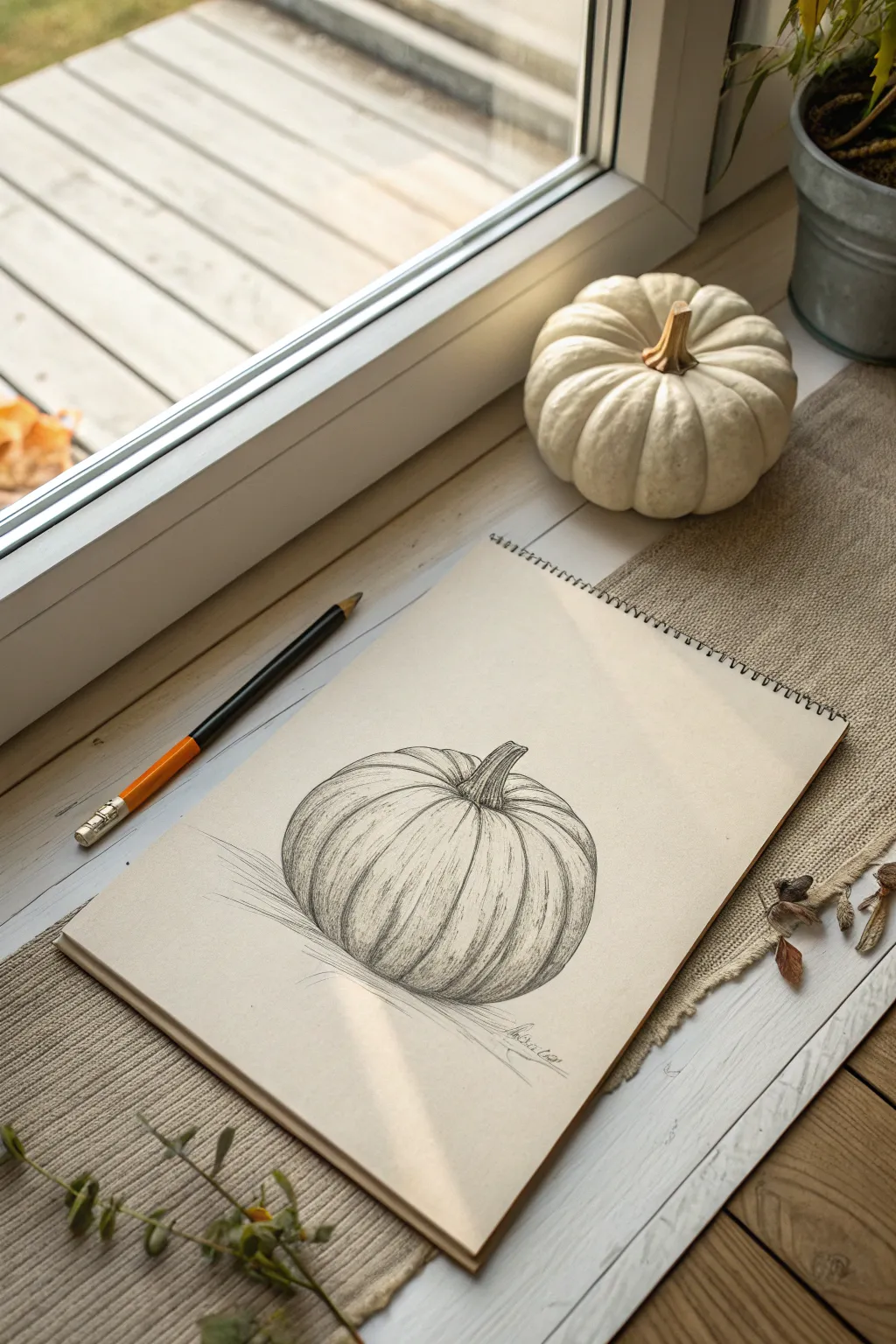 Master the classic ribbed pumpkin with light construction lines and clean pencil contours.