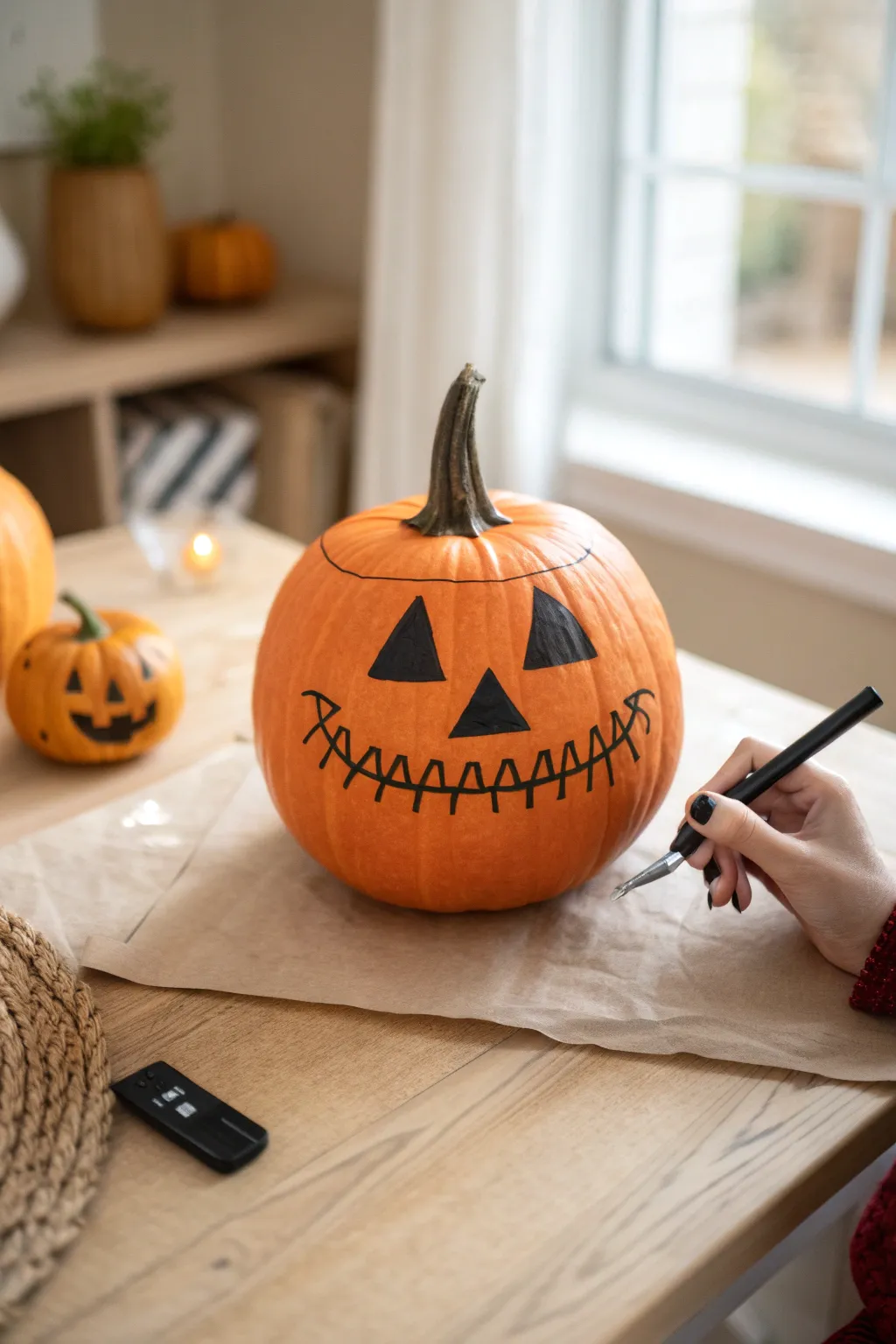 Classic jack-o-lantern face with triangle eyes and a toothy grin, drawn in bold black lines