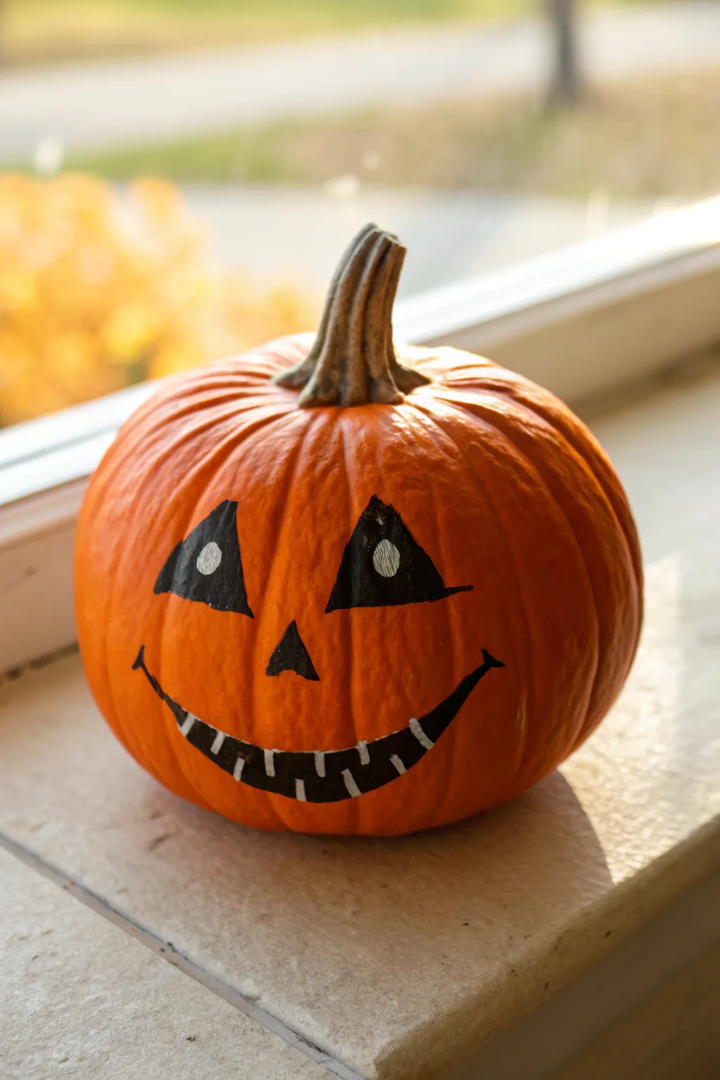 Contest-ready no-carve pumpkin with a bold black grin and creamy highlights on a clean backdrop