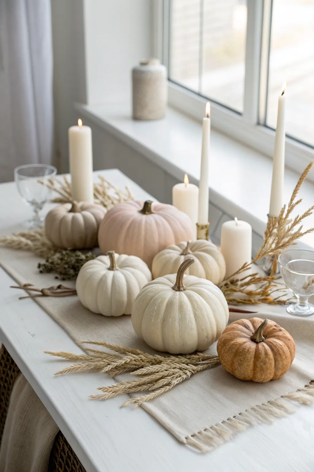 Matte neutral pumpkins on a bright mantel, Scandinavian minimal with a soft boho glow