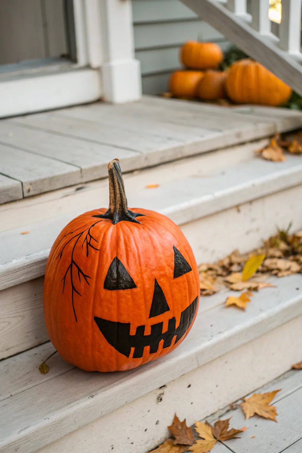 Classic painted jack-o-lantern pumpkin with clean black face on minimal porch steps
