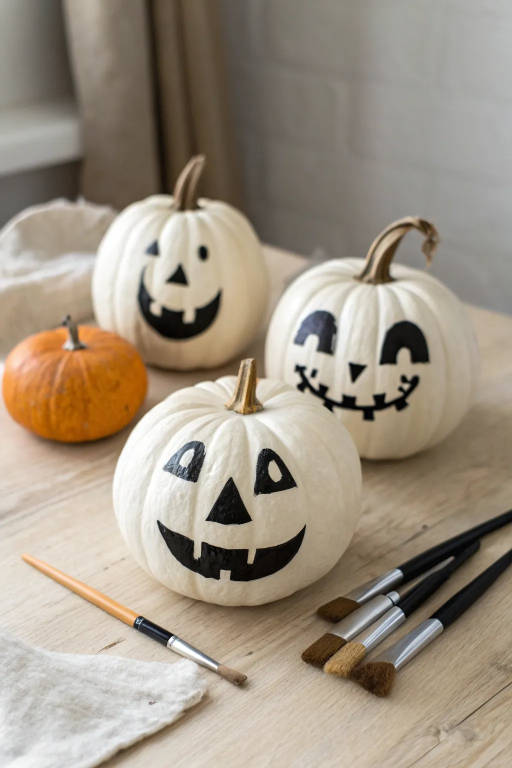 Classic painted Jack-o-Lantern faces in a minimalist still life, sweet and easy for kids.
