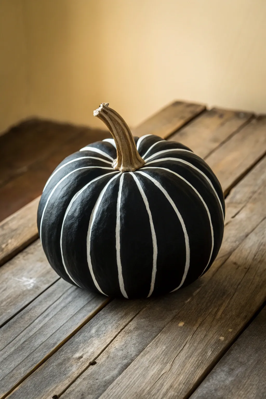 Matte black pumpkin with sharp white highlights for a bold, minimalist autumn painting vibe.