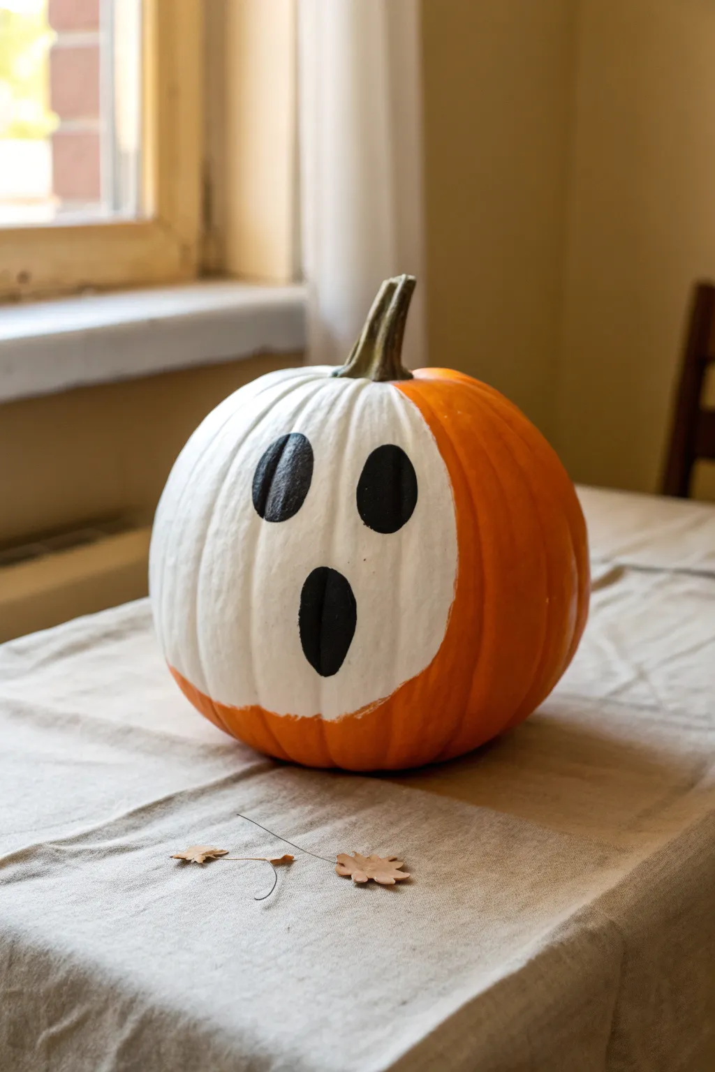 Minimalist pumpkin with a hand painted white ghost face, cozy fall light, clean Scandinavian styling.