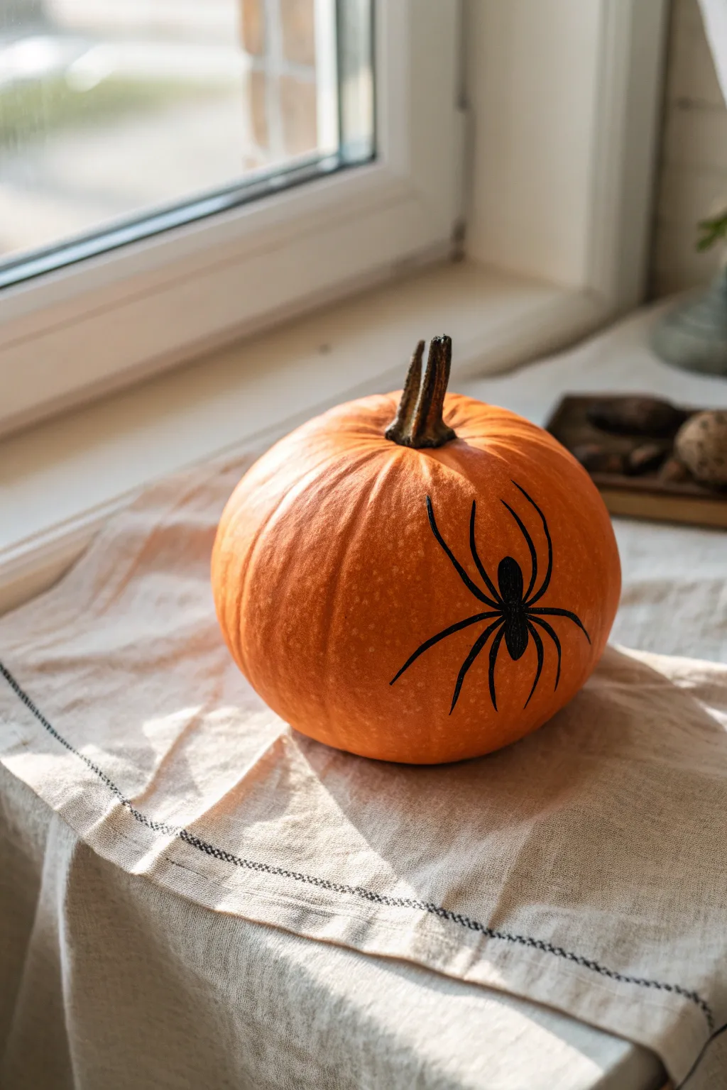 Classic black spider silhouette on a bright pumpkin, clean lines and cozy minimalist style