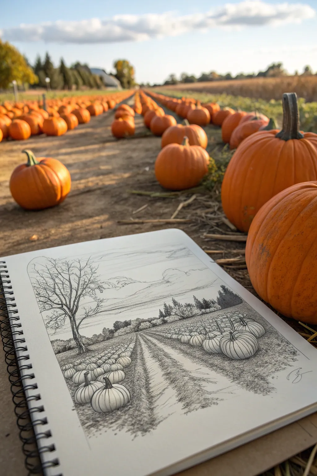 One-point perspective pumpkin rows with bold foreground pumpkins for an easy depth study.