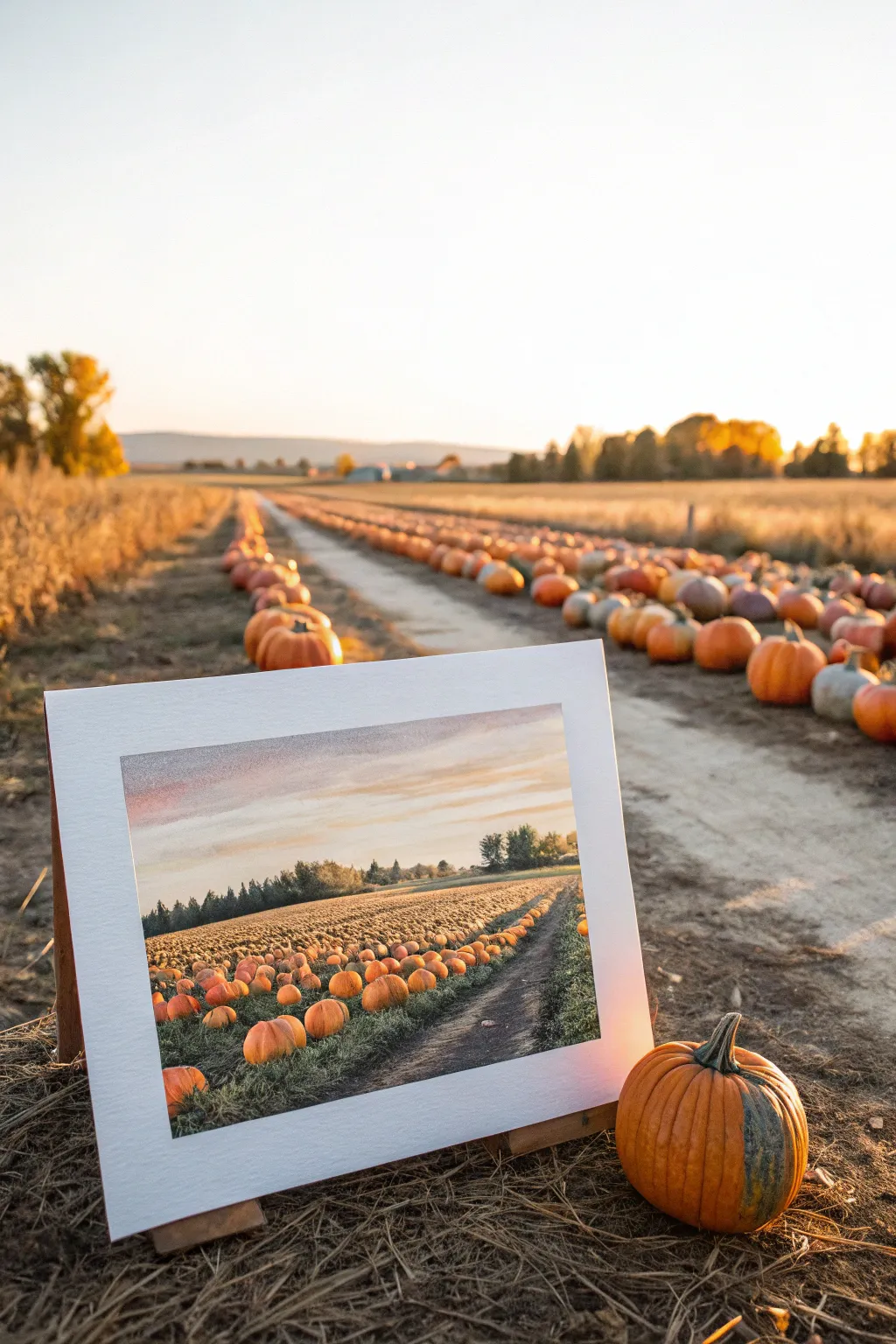 Classic pumpkin patch landscape painting with rows of pumpkins and warm fall light