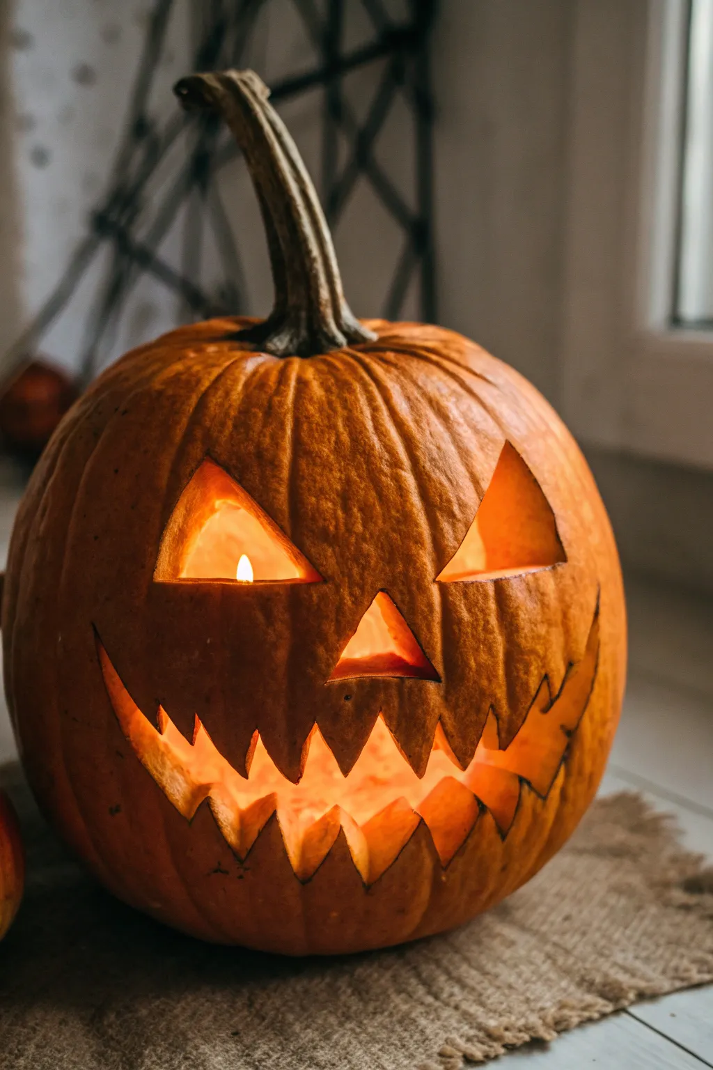 Classic menacing jack-o-lantern close-up, crisp cuts and a warm inner glow with deep shadows