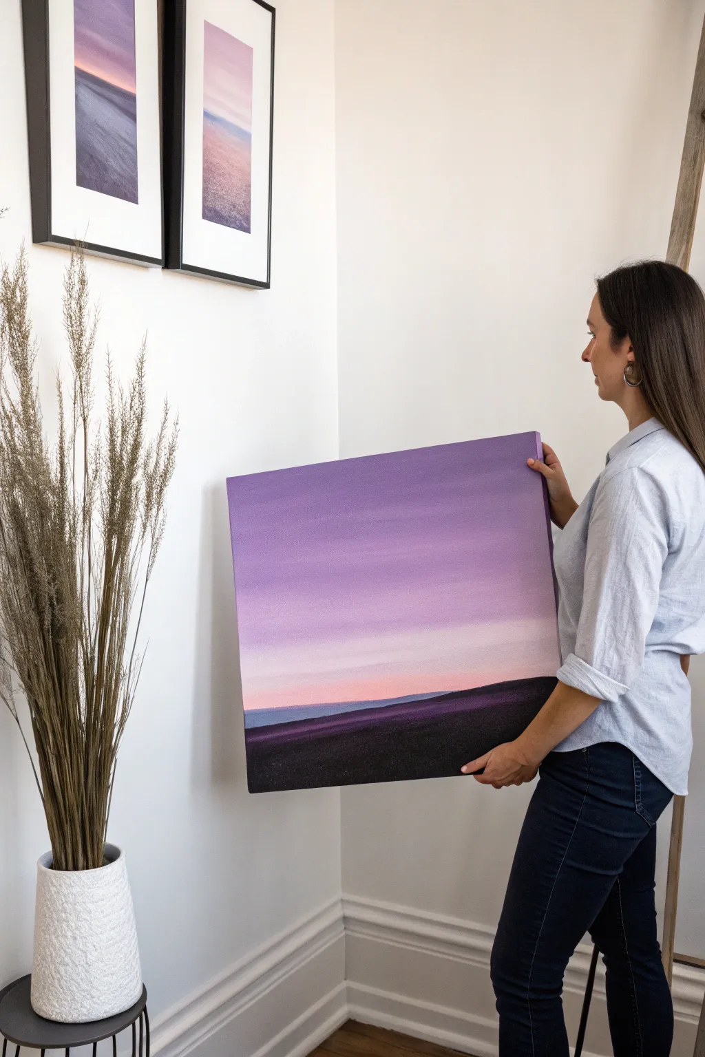 Paint a purple twilight ombré sky with a crisp dark horizon for instant dreamy contrast.