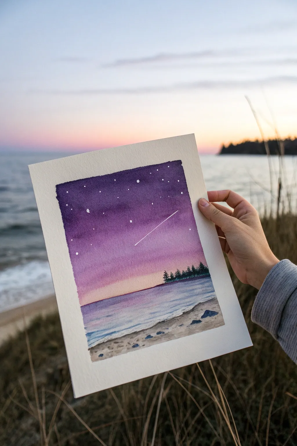 Minimal purple twilight sky gradient with tiny stars, a calming and beginner-friendly drawing idea