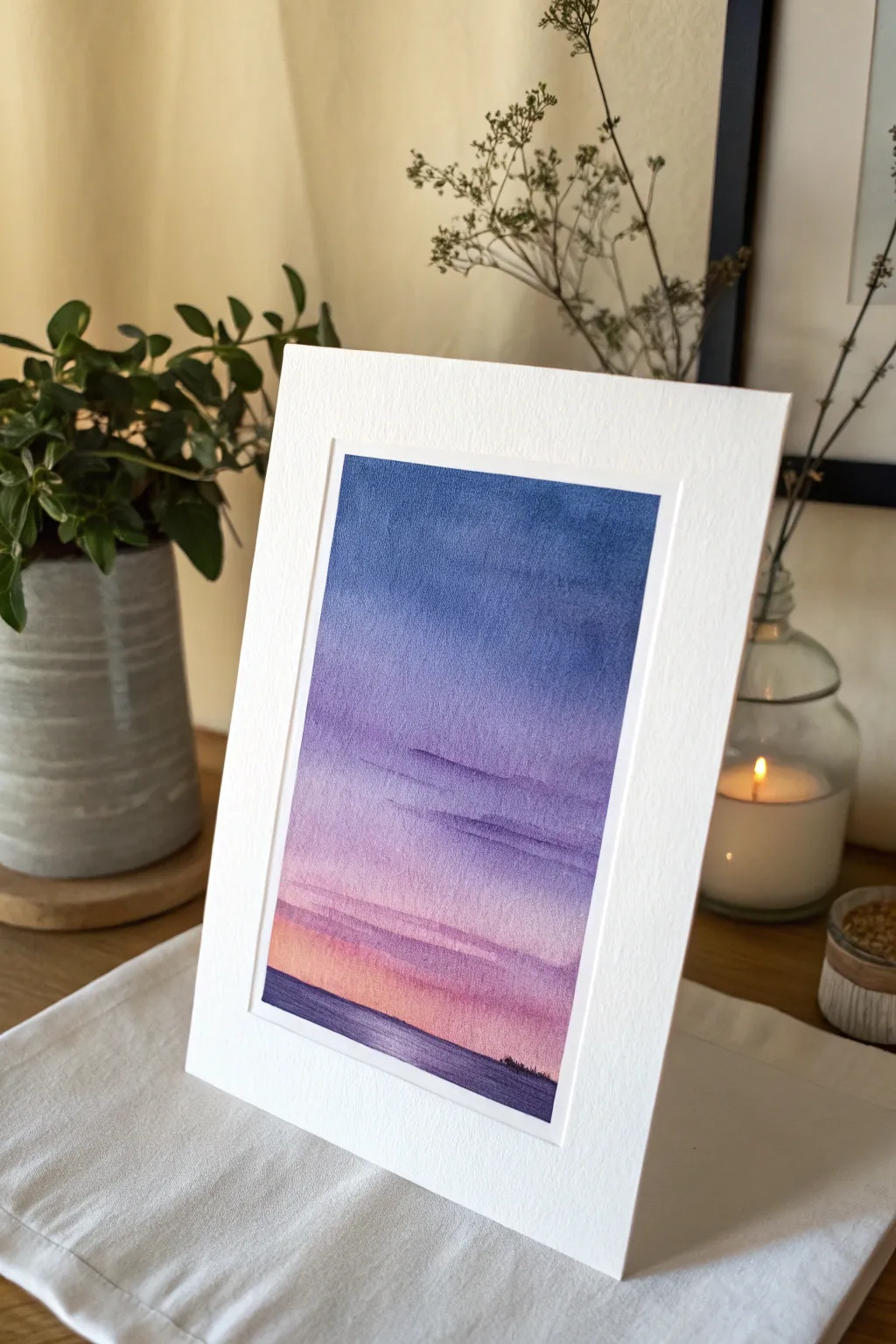Minimal purple twilight gradient sky painting: indigo to lavender with a crisp horizon line
