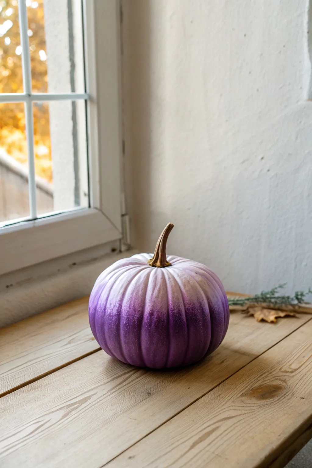 Glossy purple ombre pumpkin, deep plum to lavender fade in calm Scandinavian minimal style