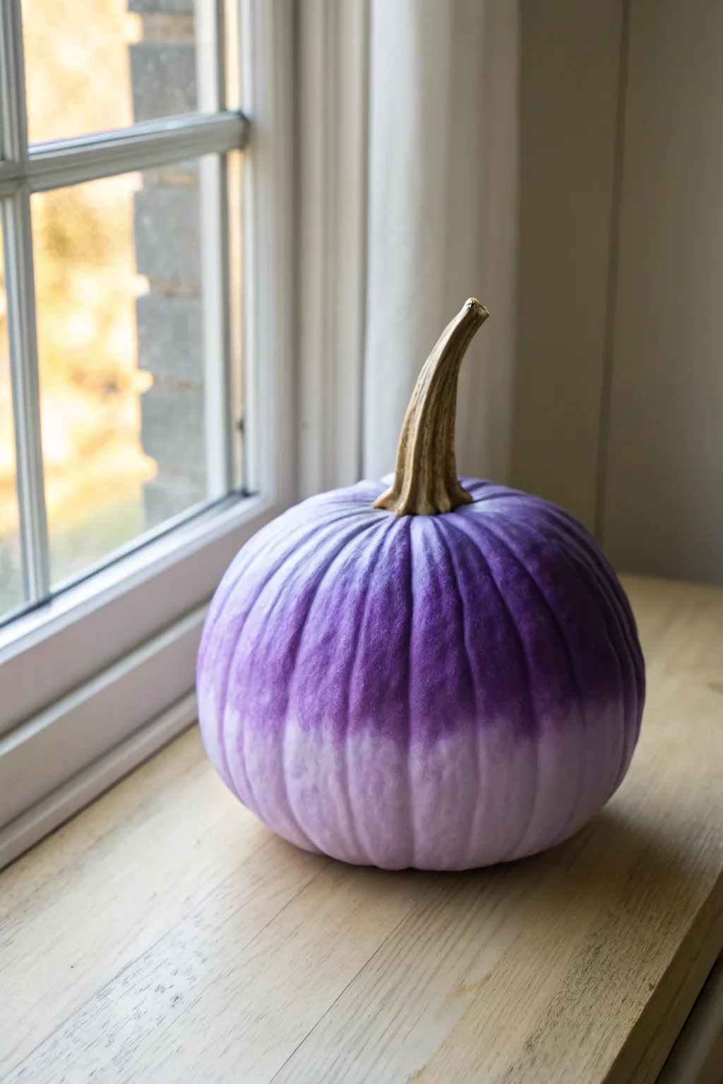 Classic purple ombré pumpkin, violet to lavender fade in soft window light on pale wood.