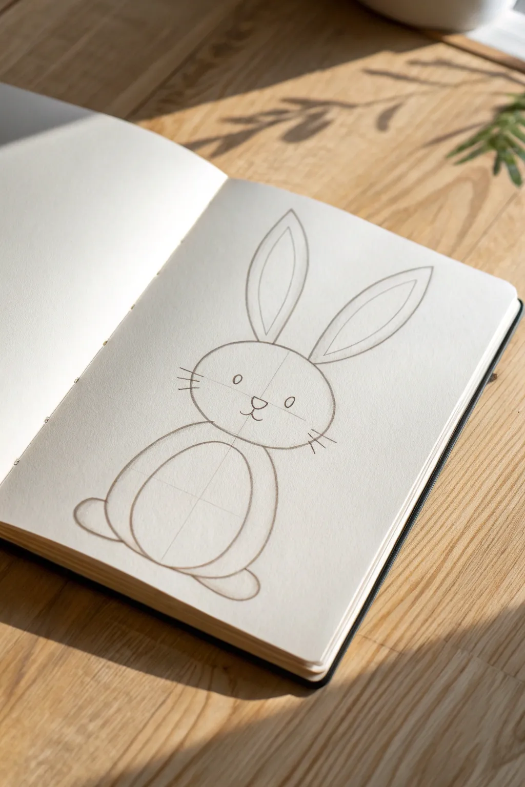 Simple bunny built from ovals and circles, with light construction lines and a clean final outline
