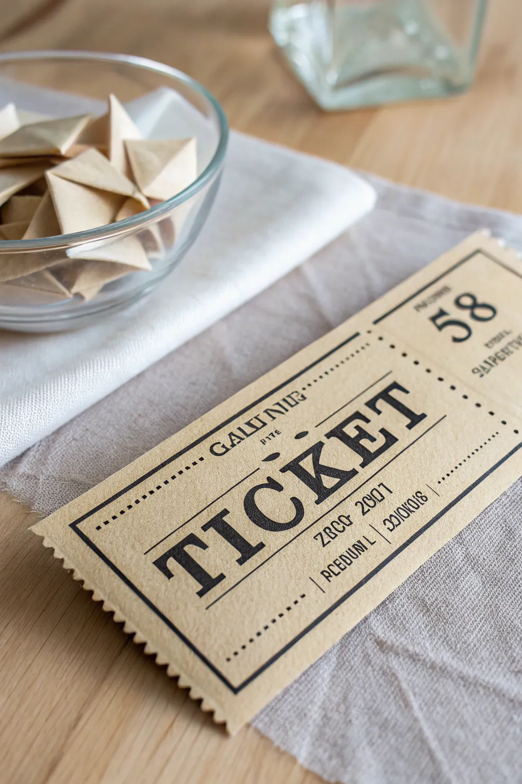 Minimal raffle ticket with bold number and tear-off stub, styled for a classic drawing moment.