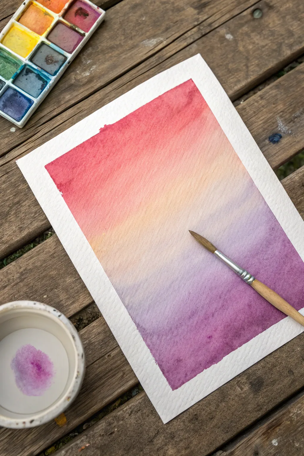 Classic watercolor rainbow wash on textured paper, soft blends with minimalist studio details